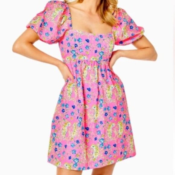 Lilly Pulitzer Dresses & Skirts - Lilly Pulitzer Puff Sleeve Pink Floral Leopard Dress Women’s 16 Fit & Flare